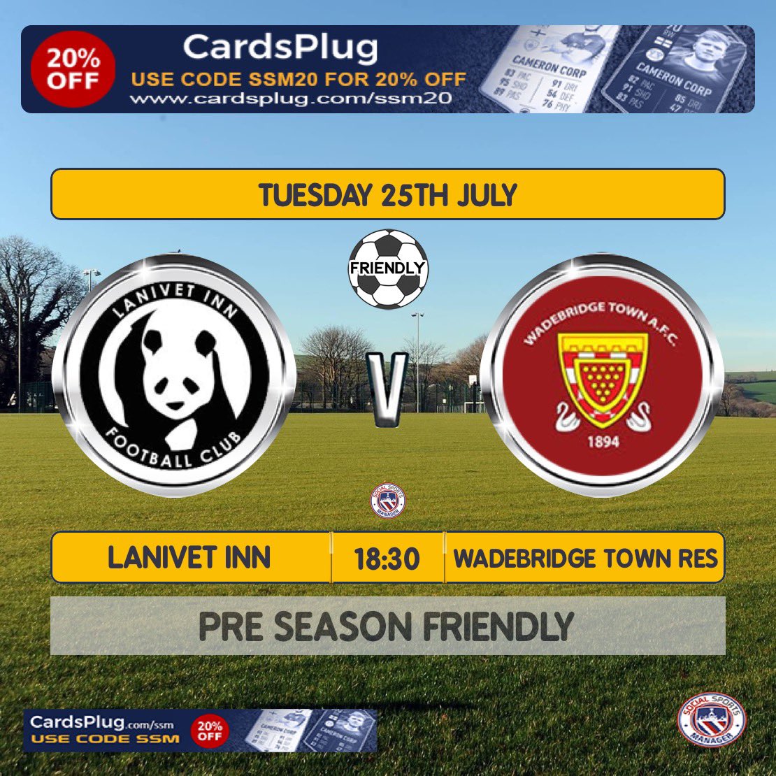 It’s #MatchDay in #PreSeason as the #2ndTeam travel to the #Pandas #utbb #wadebridge #OurClubIsYourClub 

🆚 Away to @LanivetFC 
🏆 PSF
📅 Tuesday 25/07/23
📍 Carter’s Parc, PL30 5HG
🕒 18:30

@swsportsnews @KJMsport57 @sportscornwall @Cornishfootball @StPiranLeague