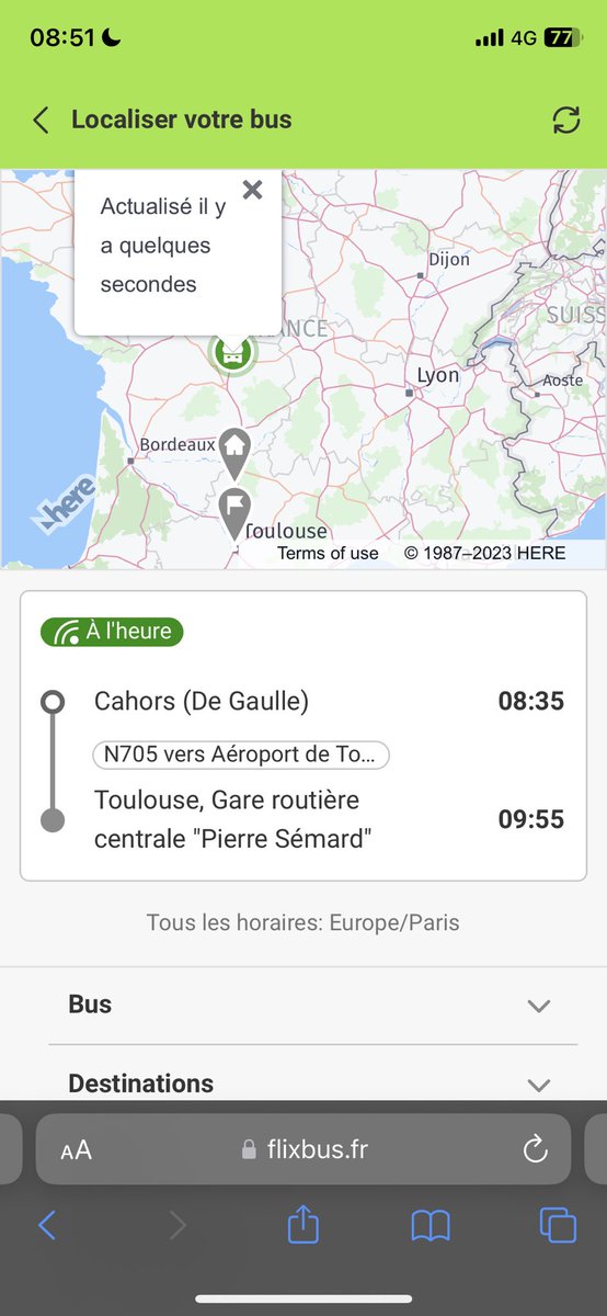 Ahah <a href="/FlixBus_FR/">FlixBus_FR</a> on n’a pas la même notion de « à l’heure » quand il est 8:50 et que le bus n’a pas encore dépassé Limoge et qu’il devait passer à 8:35 à Cahors! #tempsReel
