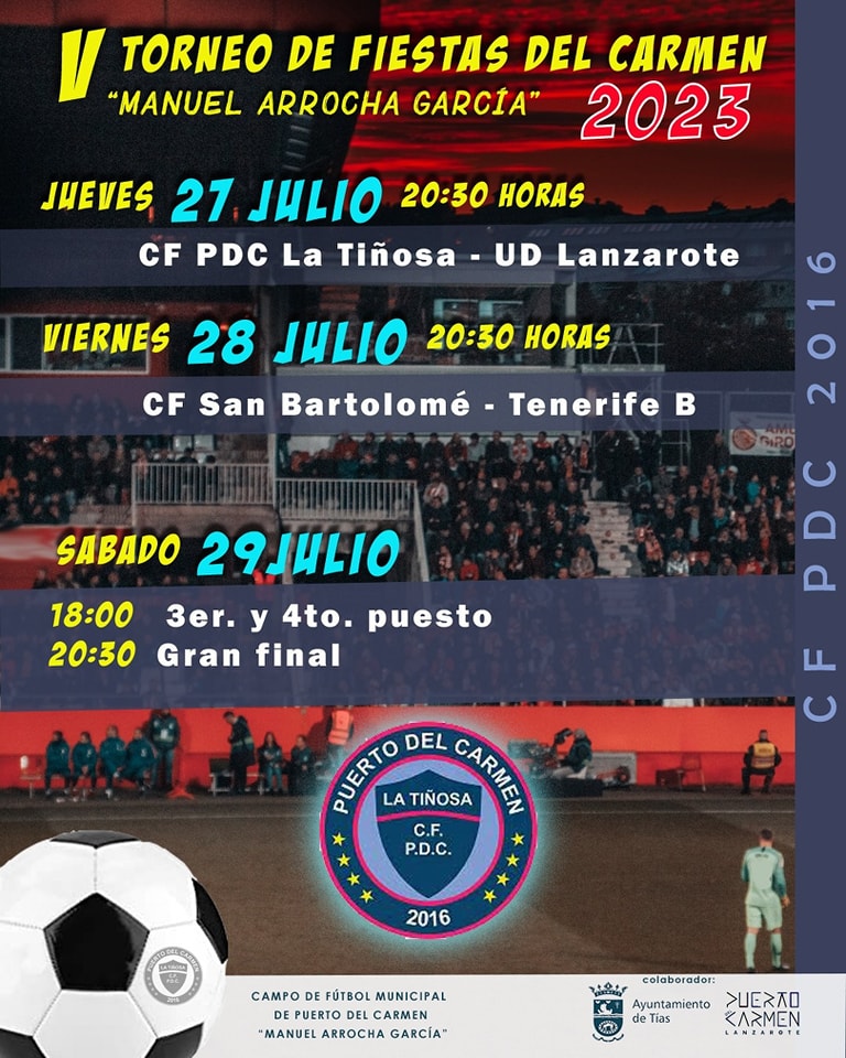 AyunDeTias's tweet photo. 🎉 V Torneo de Fútbol Manuel Arrocha García 2023

👉 Este jueves comienza el V Torneo de Fútbol Manuel Arrocha García, con la participación de los equipos @cfpdc2016 @UD_Lanzarote @SanBartolomeCF_ y @CDTOficial B, en el Campo de Fútbol Manuel Arrocha García, en Puerto del Carmen https://t.co/EEXbKq0asw