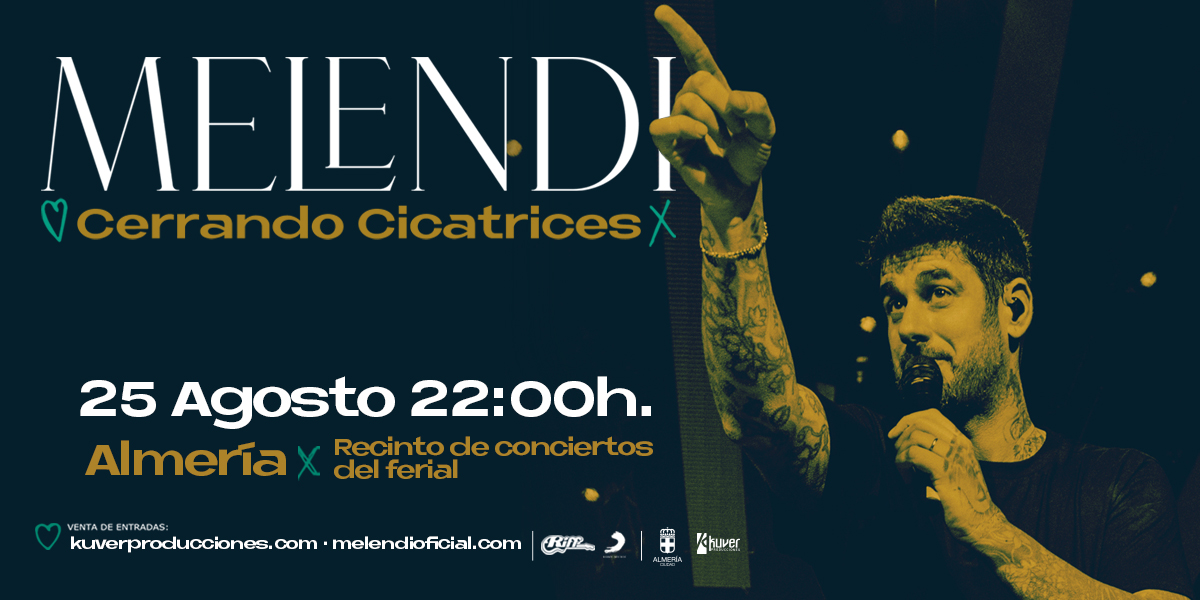 melendi_tour's tweet photo. Almería, qué ilusión nos hace anunciar esta nueva parada del Tour Cerrando Cicatrices.
👉🏽 Nos vemos el 25 de agosto en el recinto de conciertos del ferial
🎫 Entradas ya disponibles en https://t.co/7nbLynvomk
#CerrandoCicatrices #Melendi https://t.co/43brBHHJN9