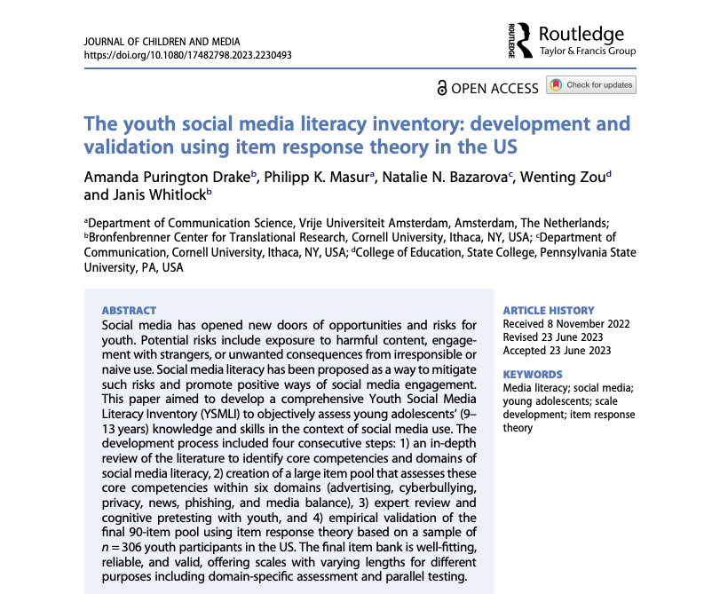 💡 New Publication in @JOCAM_online: 💡 In this paper, we present the development and validation of the Youth Social Media Literacy Inventory (YSMLI), a 90 item bank that allows to create scales of various lengths and for different purposes. (1/12)