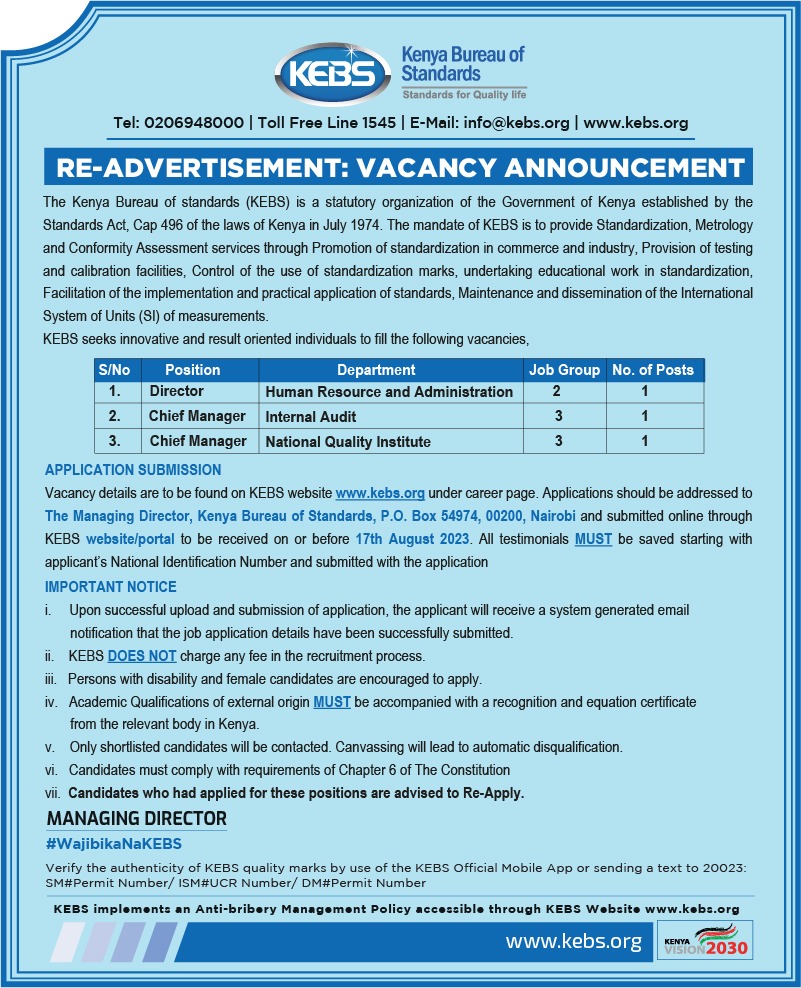 KEBS_ke's tweet image. #ReAdvertisement 
Are you interested in working with @KEBS_ke? Do you meet the necessary requirements? Apply today for any of our listed jobs!
NOTE: Persons who had previously applied are required to reapply.
#StandardsForQualityLife
#IkoKaziKE🇰🇪