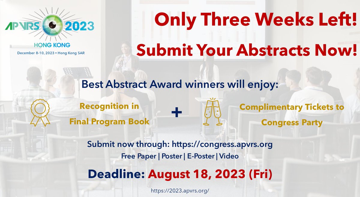 One last month to submit your abstract! 
Hurry up and grab the chance to win the best abstract awards, receive recognition in the Final Program Book as well as complimentary tickets to the Congress Party!
Submit now through our Congress system: congress.apvrs.org.