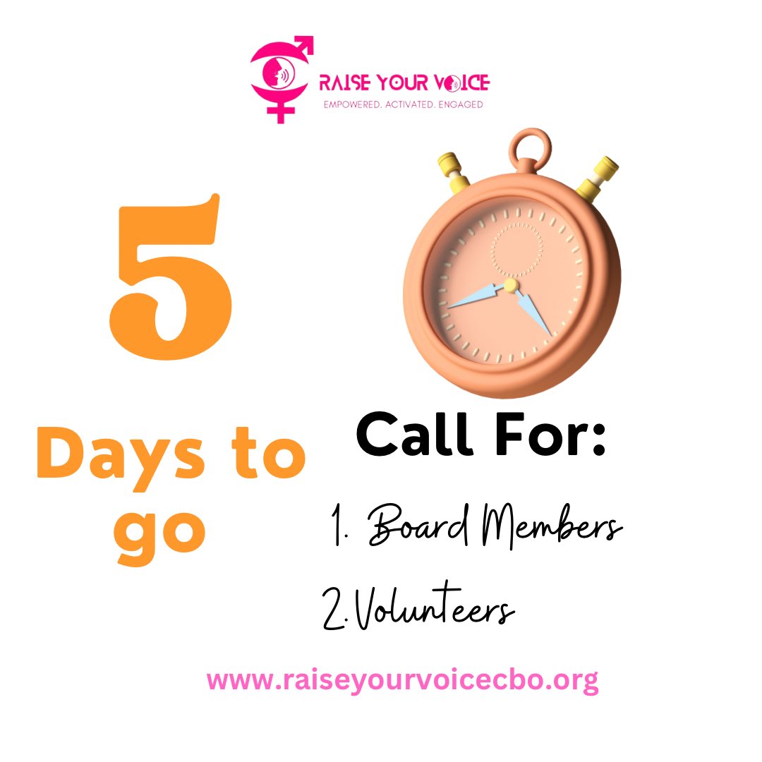 #OpportunityAlert 🚨

5 days to the deadline, don’t be left out.

1. Board members

Apply here

👇

forms.gle/gxX6oW6EXTKjZE…

2. Volunteers 

Apply here

👇

forms.gle/nVDDUh6giWQFcS…

#RaiseYourVoice