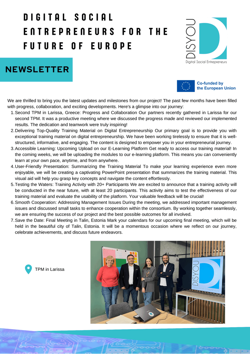 DisyouEU's tweet photo. Unlock the power of social entrepreneurship and digital skills!

Have a look at our latest newsletter and stay updated on our progress, training materials, and upcoming activities.

Be part of this positive change!

#DISYOU #entrepreneurship #digitalentrepreneurship https://t.co/ba8d77KJOy