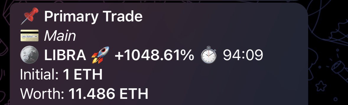 Woke up, bought $LIBRA, and called it in the TG and sitting on a comfy 11x 

If you aren’t in my tg channel, you’re missing out on generational wealth