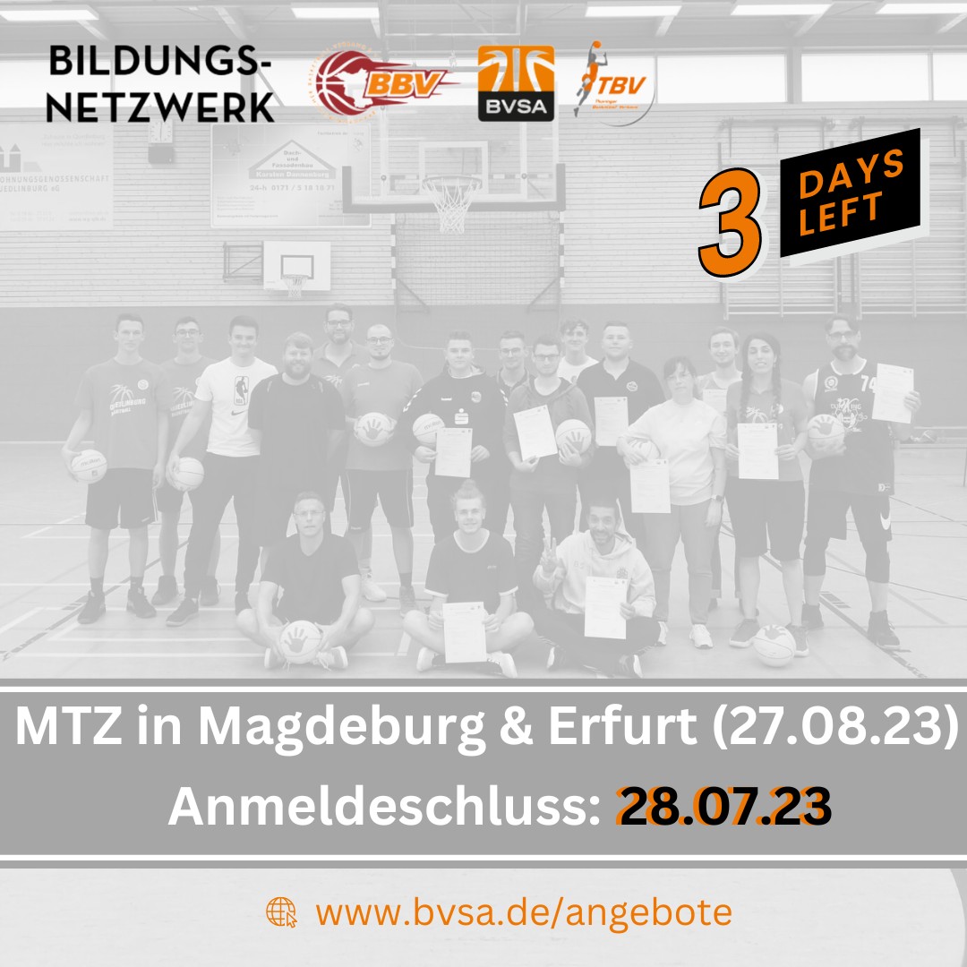 Es gibt noch freie Plätze: Die Anmeldung für das Bildungsangebot "MiniTrainerZertifikat" in Magdeburg und Erfurt ist noch drei Tage möglich. 
Ausschreibung &amp; Anmeldung 👉bvsa.de/angebote 
Join us!
#basketball #sachsenanhalt #thueringen #brandenburg