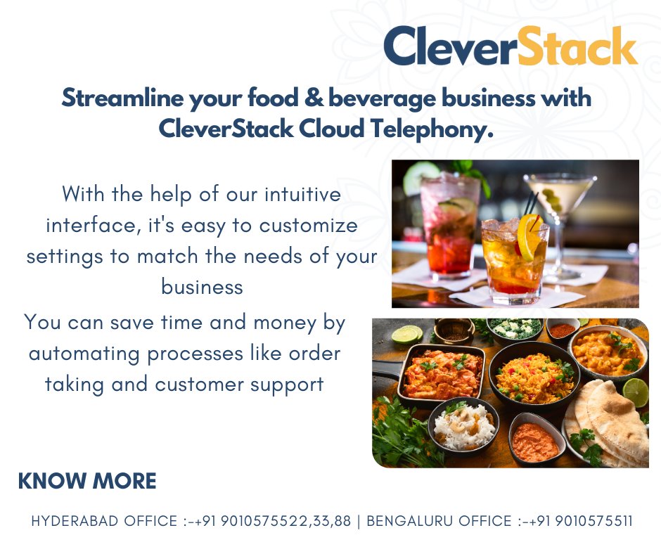 clever_stack's tweet image. Try CleverStack Cloud Telephony today and see how it makes running your food &amp;amp; beverage business easier.
cleverstack.in
Hyderabad office :-+91 9010575522,33,88 | Bengaluru office :-+91 9010575511
#cleverstack #Foodandbeverages #cloudtelephonyforFoodandbeverages