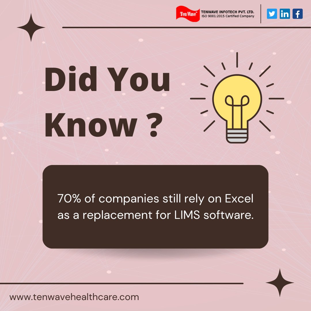Tenwave_India's tweet image. 70% of companies still rely on Excel as a replacement for LIMS software.
Book a demo today📆
#LIMS #LabSoftware #Excel #ByeByeExcel #whitepaper #didyouknow #facts #LIMS #labmanagementsoftware #ERP #hospitalerp #tenwaveinfotech #tenwaveinfo #HealthcareIT #SaaS #hospitalsoftware