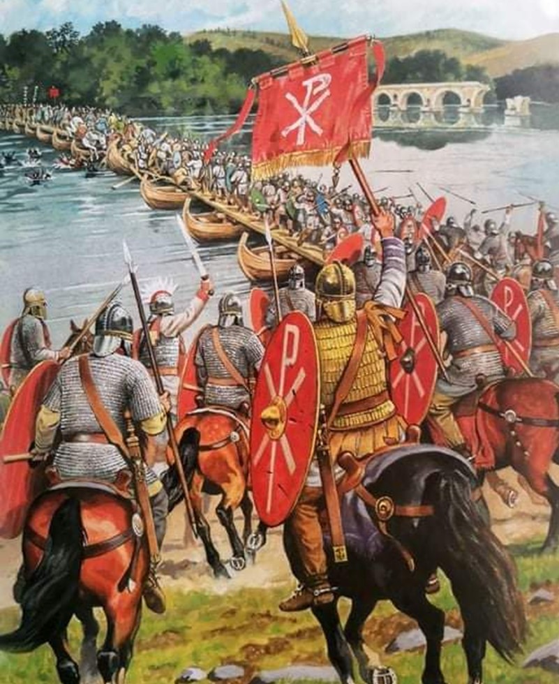 TrimontiumTrust's tweet photo. #OnThisDay, AD 306, #Constantine was proclaimed emperor. Perhaps the most important battle of his life was at the Milvian Bridge. Here, #Maxentius praetorians fight Constantine's cavalry. #Praetorians have pagan motifs in their shields; the men of Constantine have chrismons. https://t.co/DHTJ6rcipS