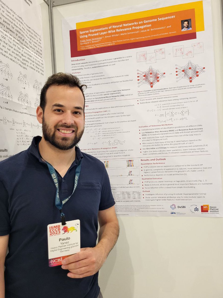We propose a modified explanation method to create sparser relevance attribution for predictions of convolutional neural networks on genome sequences.

Check out Paulo Yanez's poster on Tuesday: B-237
 #xai #CNN #genomics #ISMBECCB2023 #MLCB