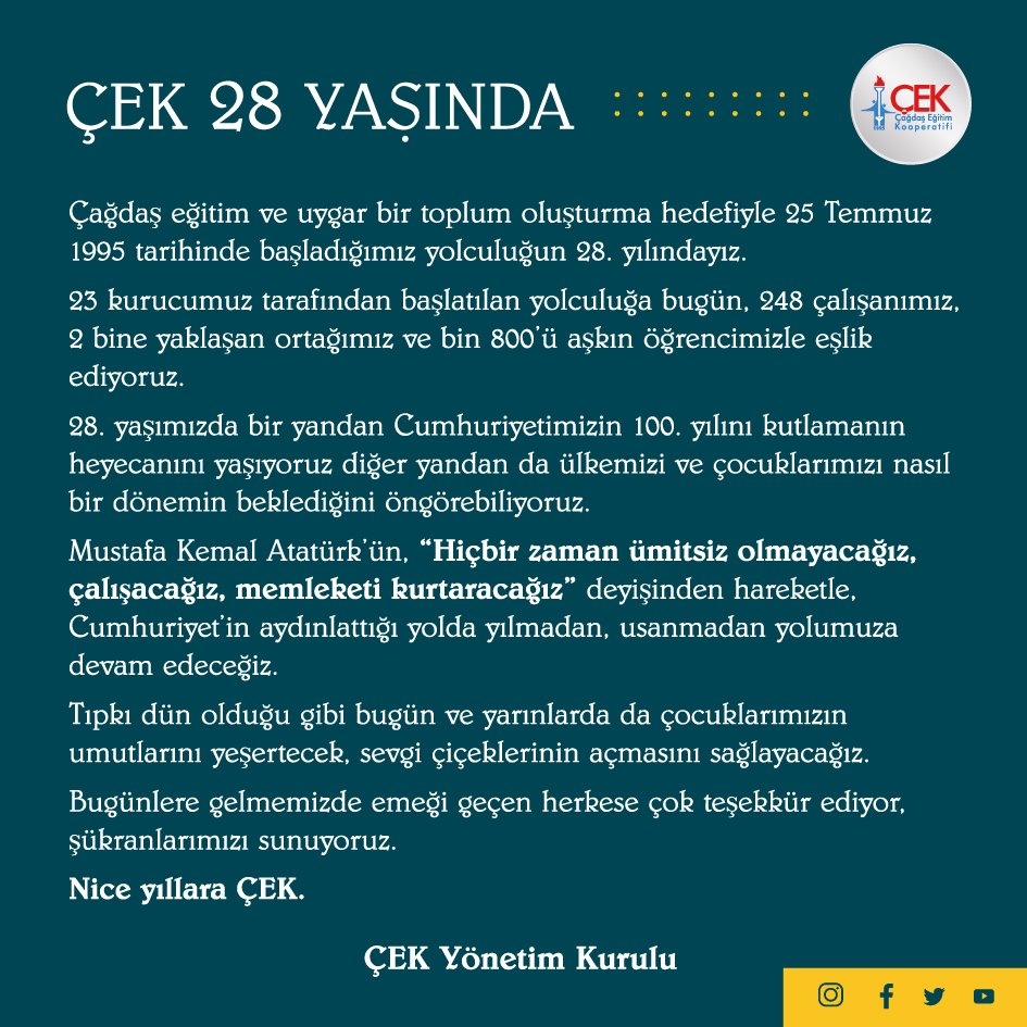 CekYurdu's tweet photo. Çağdaş Eğitim Kooperatifi 28 yaşında...
.
#ÇağdaşEğitimKooperatifi
#ÇEK https://t.co/WjzUee6cpW