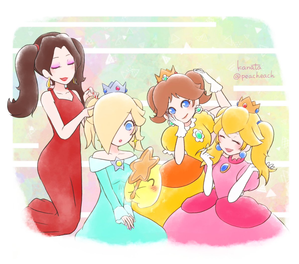 peacheach's tweet photo. お題箱より「ツインテール姿のマリオガールズ」 https://t.co/I5Iy0C2Phm