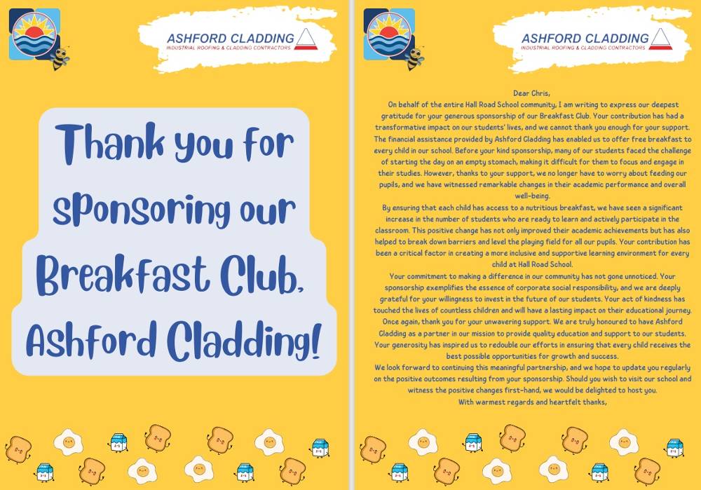 Ashford Cladding are proud to be supporting Hall Road Academy for a further year to allow them to run their breakfast club through the Greggs Breakfast scheme.