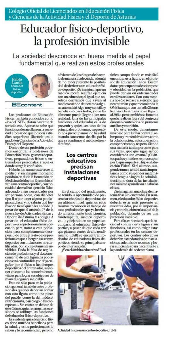 COLEFASTURIAS's tweet photo. La sociedad desconoce, en buena medida, el papel fundamental de nuestra profesión. Cada vez menos invisibles! Gracias a @Landa01P por tu aportación. Publicado por @lanuevaespana #ThinkColefAsturias 
 @ConsejoCOLEF https://t.co/L6qsk5MW0Z