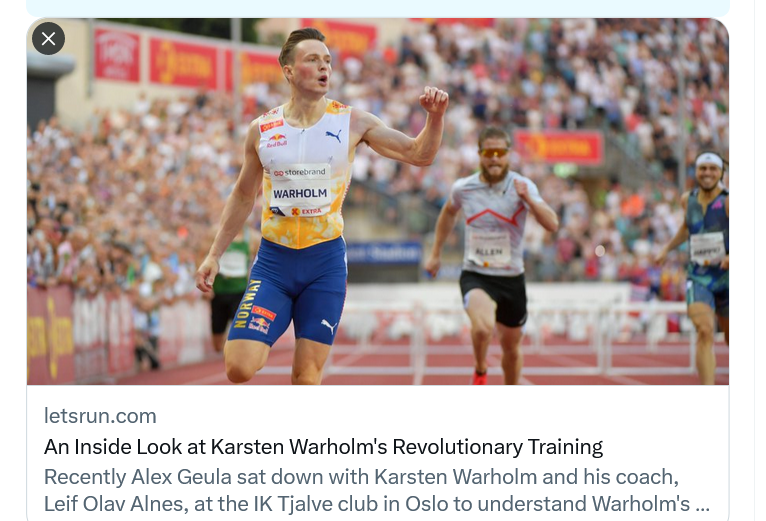 An Inside Look at Karsten Warholm’s Revolutionary Training'.
This is very interesting - however, it's the usual dynamic of looking at the way the best athlete in the world trains and assuming it's the reason for their success.
Athletes should experiment with training to… https://t.co/3CZ2RnZO4t https://t.co/stxmzCCK0t