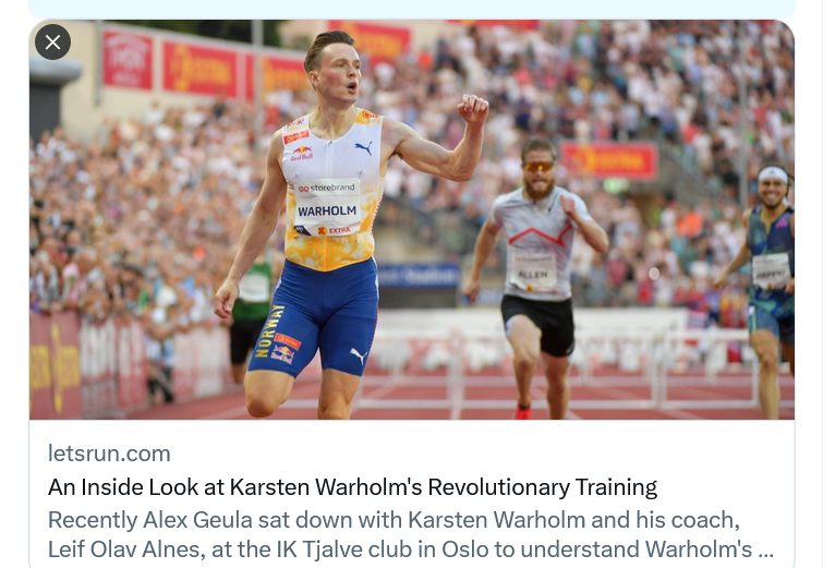 An Inside Look at Karsten Warholm’s Revolutionary Training'.  

This is very interesting - however, it's the usual dynamic of looking at the way the best athlete in the world trains and assuming it's the reason for their success.   

Athletes should experiment with training to… https://t.co/3CZ2RnZO4t https://t.co/stxmzCCK0t