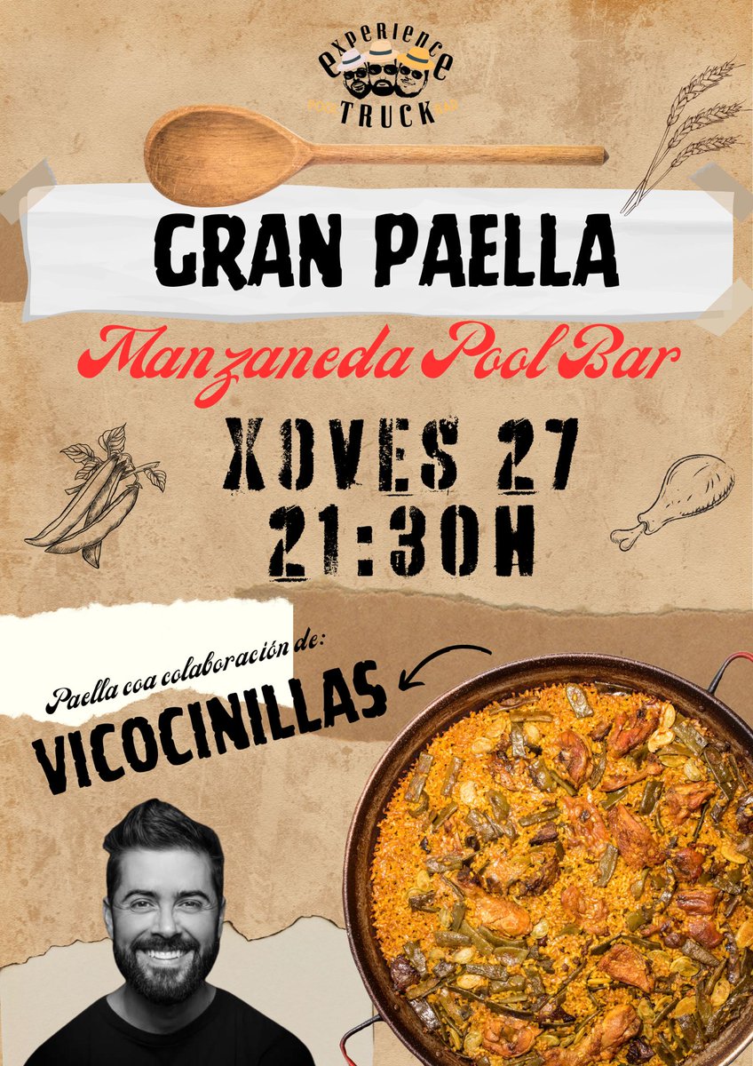 ExperienceTruck's tweet photo. Este xoves en 🍹Manzaneda Pool Bar🍹temos unha 🥘GRAN PAELLA🥘coa colaboración do noso gran amigochef @vicocinillas 🤩. Se queredes degustar unha paella para chuparse os dedos…xa tedes plan😍! Vémonos este xoves ás 21.30h no bar das piscinas de Manzaneda! 🥳 

LUMEEEEEEEE🔥🔥🔥 https://t.co/7CX5QgP3NG