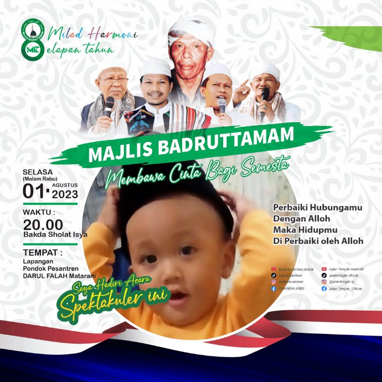SafiulAzis's tweet photo. Muslimin Muslima,,,,Hadirlah beramai ramai Milad Harmoni 8 Tahun Majlis Badruttamam Pada Hari Selasa 1 Agustus 2023 Malam Rabu 15 Muharram 1445, Jam Delapan Malam, Setelah Sholat Isya, bertempat di Lapangan Pondok Pesantren Darul Falah Pagutan Mataram https://t.co/1Xdqtlt9Da