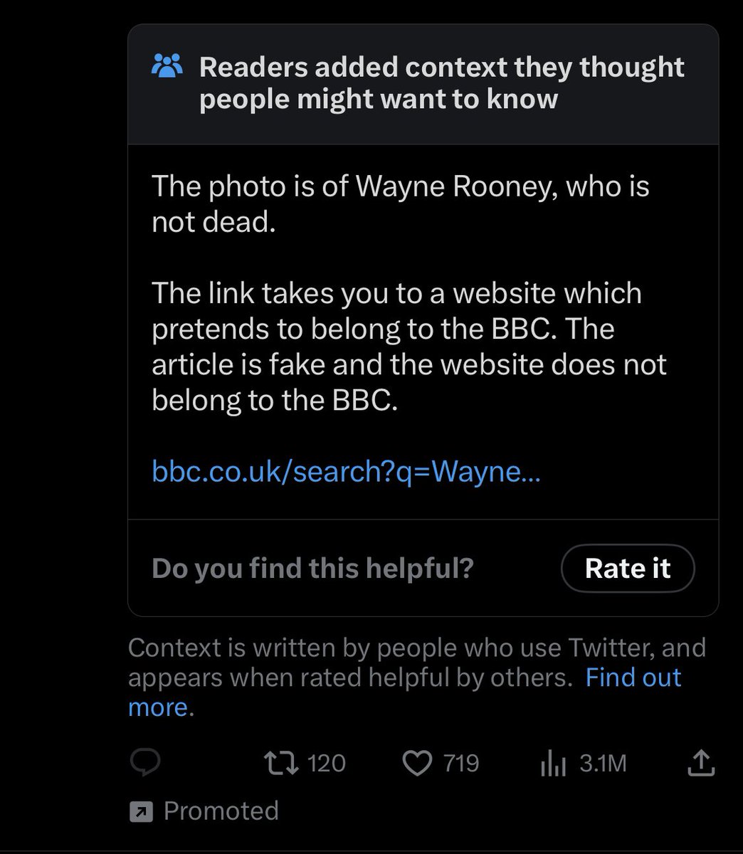These incredibly misleading tweets that trade on the supposed deaths of celebrities / fake BBC websites - continue to proliferate on here with seemingly little sanction. But even worse - Twitter is making ££ out of them . Still being promoted into feeds.