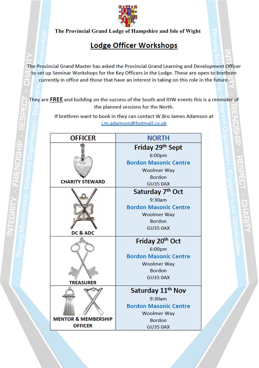 Please take note of the dates for the Lodge Officer workshops. It is open to Brethren in office and those looking to move to these roles in the future.

A fantastic chance to learn more about the duties and expectations of the roles.  Booking details in the advert.