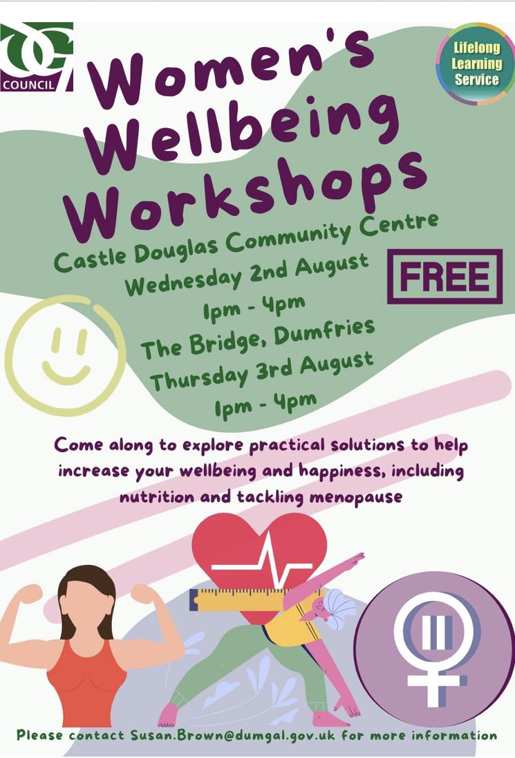 ♀️  New Sessions!
👩‍🦱Women’s Wellbeing Workshops- Castle Douglas and Dumfries. 
📢Come along &amp; explore practical solutions to increase your wellbeing and happiness. Meet new friends, engage in an informal environment and enjoy a cuppa.
#healthandwellbeing
#lifelongleaerning