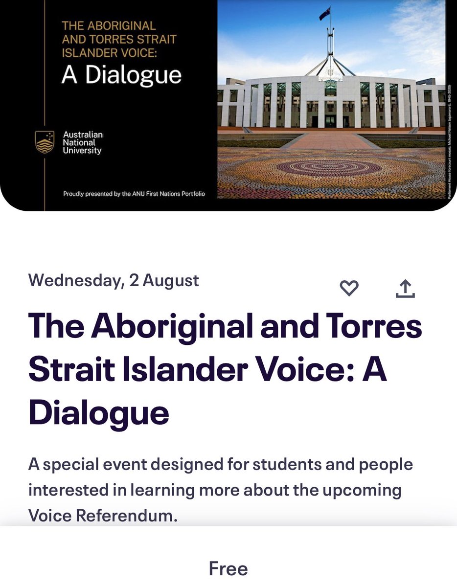 What are you doing Wednesday evening next week? Come along to a very special event. I’ll be there. @ourANU is hosting a dialogue on the Voice. Bring your family, your friends, why not make a date night of it? (Maybe you need a night without the kids.) FREE eventbrite.com.au/e/the-aborigin…