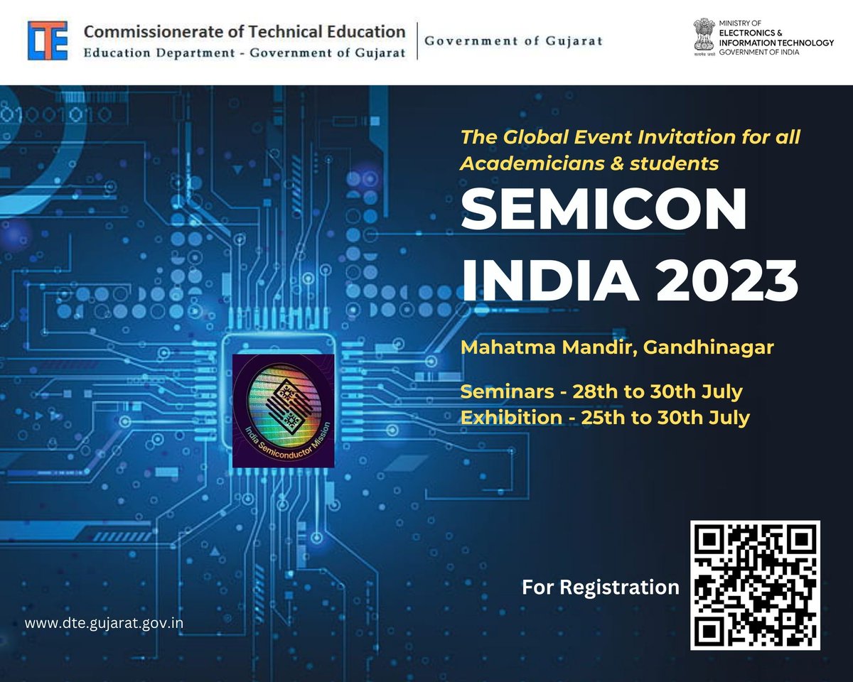 CTEGuj's tweet image. The Global Event invite - The 'SemiconIndia 2023' 
When: 25th to 30th July 2023
Where: Mahatma Mandir, Gandhinagar
Registration: ism.gov.in/semicon_2023?r…
For: Academicians &amp;amp; UG/PG/PhD students
#semiconductor #technology #educaiton