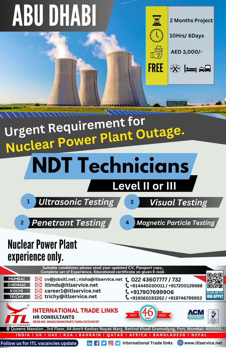 ItlJobs's tweet photo. JOB VACANCY FOR #abudhabi
Interested candidates, please send your updated CV on given emails
Learn more : https://t.co/L5a1jS36cU
ITL H.O Location : https://t.co/EUEGpvplAT
#ndttechnician #ultrasonic #penetrant #visualization #magnetic #testing #nuclear #powerplant https://t.co/fxizf665ew