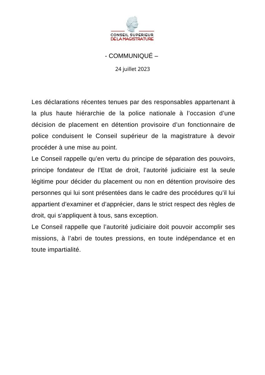 Communiqué du Conseil supérieur de la magistrature