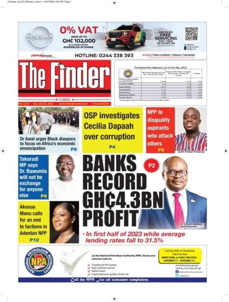 The FINDER: 🗞️ @NPP_GH to disqualify aspirants who attack others 🗞️Banks records GHc4.3bn profit 🗞️ @KozieOzie calls for an end to factions in Adentan NPP 🗞️ Tokoradi MP says @MBawumia will not be exchanged for anyone else. #AsaaseABS #Asaase321