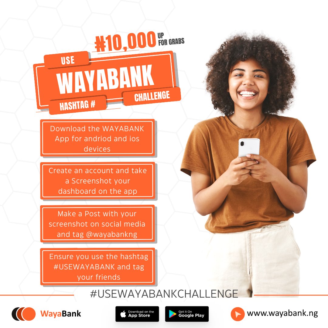 WayabankNg's tweet photo. Wayabank is back with another amazing package for our awesome users. Be a part of #USEWAYABANKCHALLENGE.
Follow the steps above and stand a chance to win amazing prices!!! https://t.co/3yHGasArSA