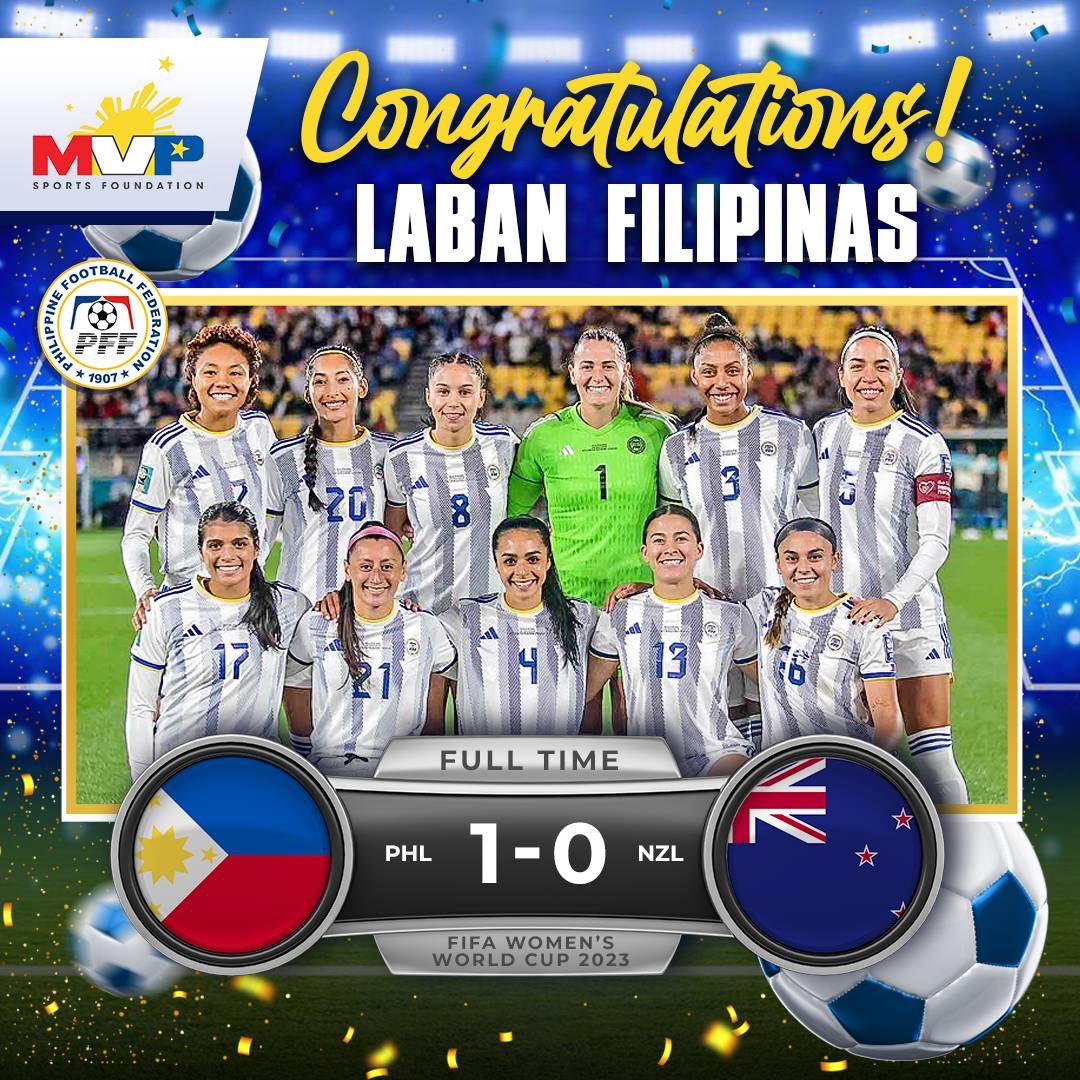 FIRST GOAL, FIRST WIN at #FIFAWWC! 🇵🇭

The Philippines makes history and wins its first ever FIFA World Cup game. Congratulations Filipinas! On to the next! 

Follow us on our social media handles! IG/FB/Twitter👉🏼 mvpsfph 

#TuloyAngLabanTuloyAngSuporta #FIFAWWC #LabanFilipinas
