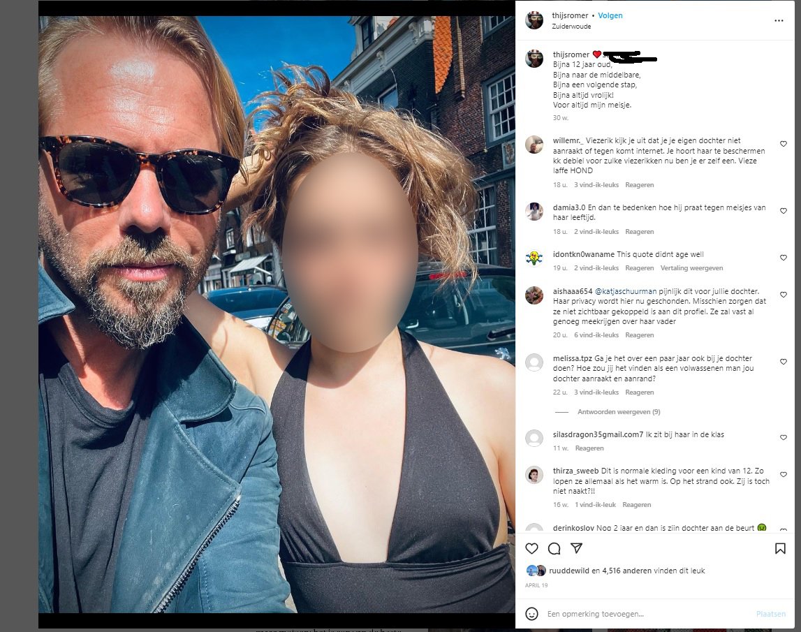 Hoe zou #ThijsRomer het eigenlijk vinden als 44 jarige mannen naaktfoto's naar zijn eigen dochter zouden sturen en dat ze dickpics zou ontvangen van 44 plussers?

Foto is van Insta van <a href="/thijsromer/">Thijs Römer</a>
Ik heb haar zelf geblurrerd 

#thijs