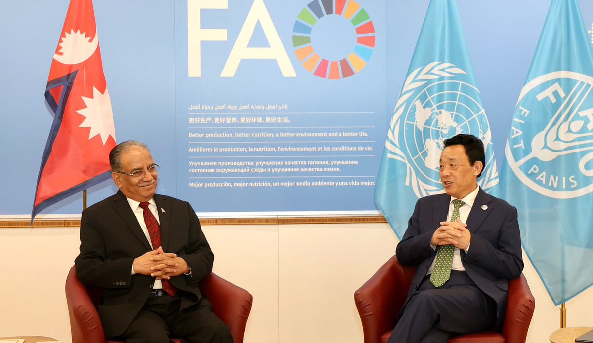 Rt. Honorable Prime Minister Mr. Pushpa Kamal Dahal ‘Prachanda’ had a bilateral meeting with  H.E. QU Dongyu, Director-General of FAO on the sidelines of UNFSS today. Matters on enhancing agricultural practices, food security, and sustainable development were discussed. #FAO