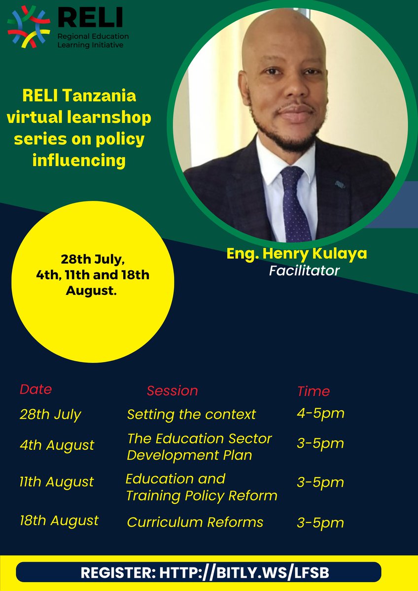 ReliAfrica's tweet photo. Be ready for a #Learnshop series on policy influencing hosted by RELI Tanzania starting this Friday July 28th, 2023. Register through: https://t.co/jkYsKeOnXk https://t.co/YxuUYDhbJI