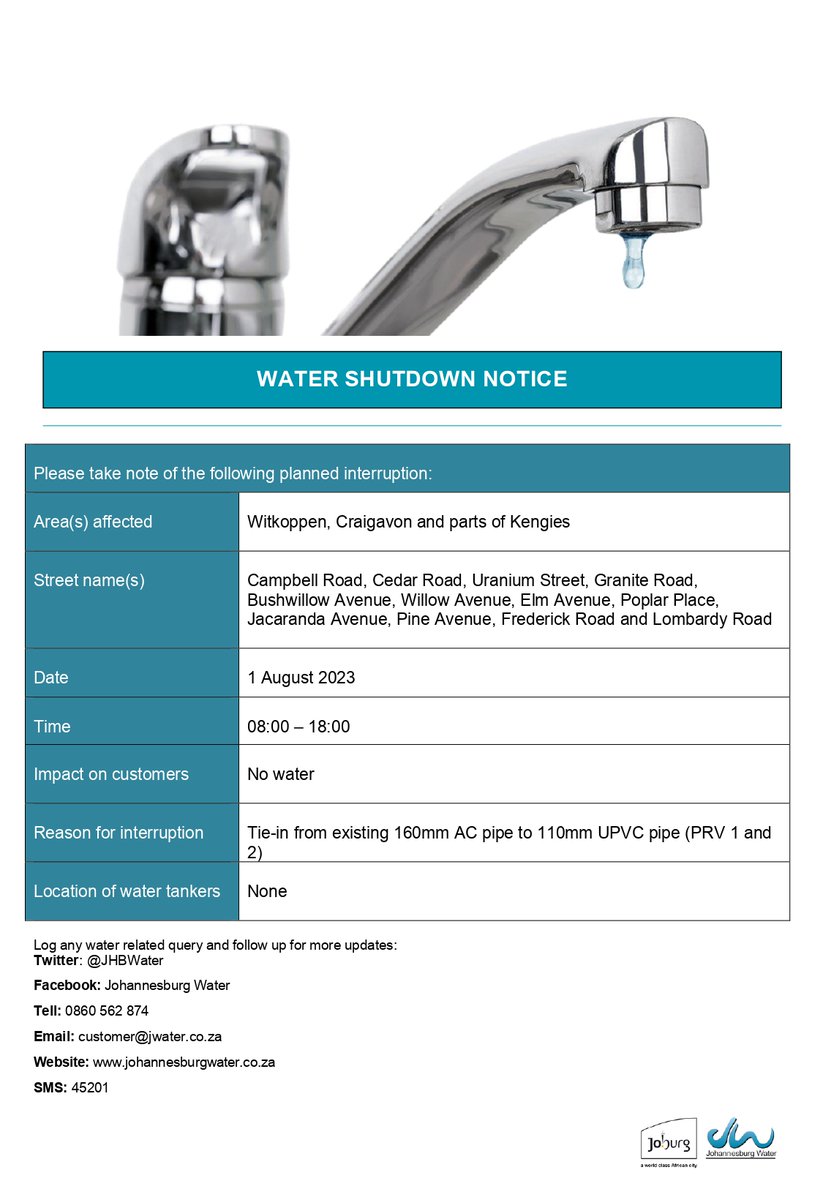 Planned water outage on 1 August 2023 affecting Fourways &amp; Surrounding Areas between 8am and 6pm. The previously communicated date of 27 August 2023 appears to have been moved to 1 August.
