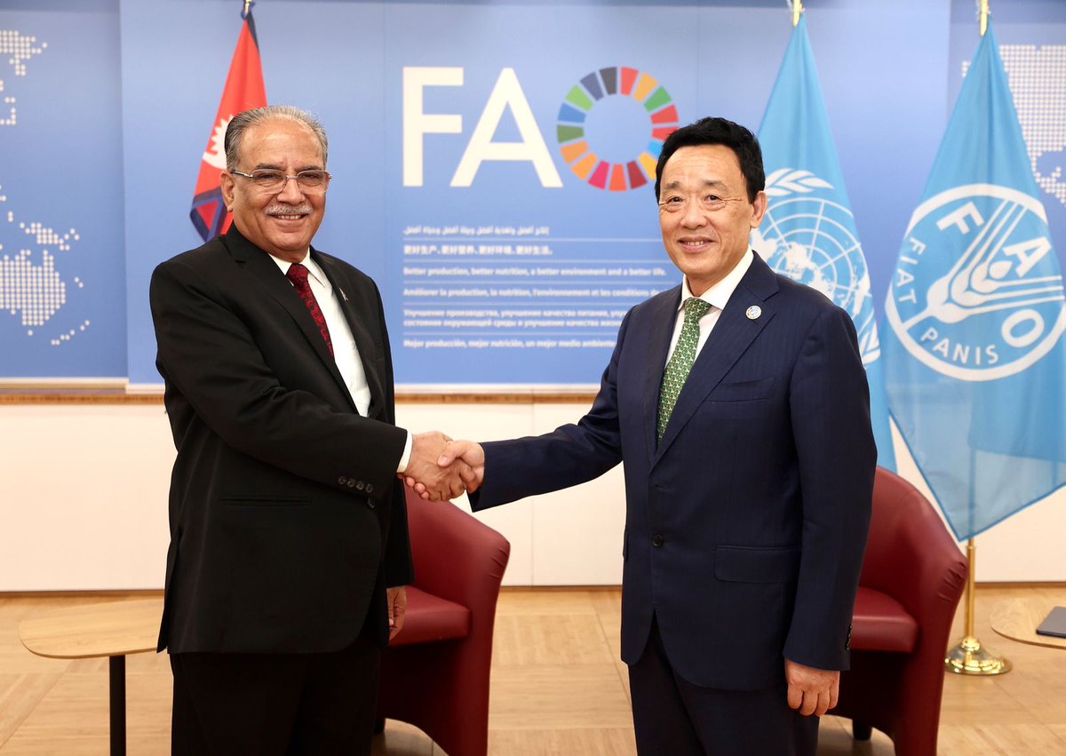 Prime Minister Rt. Hon. Pushpa Kamal Dahal ‘Prachanda’ had a bilateral meeting with  H.E. QU Dongyu, Director-General of FAO, on the sidelines of UNFSS today. Matters related to enhancing agricultural production, technology, agri enterprise and food security were discussed. #FAO