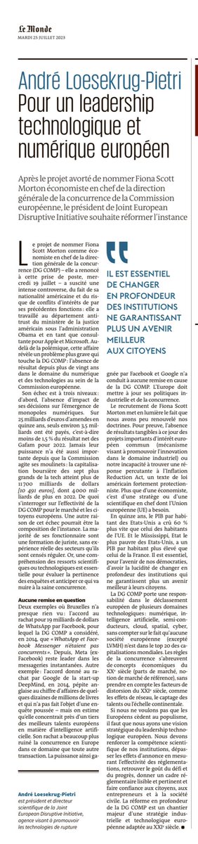 La DG Concurrence <a href="/EU_Commission/">European Commission</a> est en échec depuis 20 ans dans le numérique et la #technologie

Il est urgent de réformer en profondeur des institutions et des politiques qui ne garantissent plus un avenir meilleur aux citoyens.

Ma tribune dans <a href="/lemondefr/">Le Monde</a> ⬇️
<a href="/EuroJedi/">J.E.D.I.⚡️</a> ⚡️