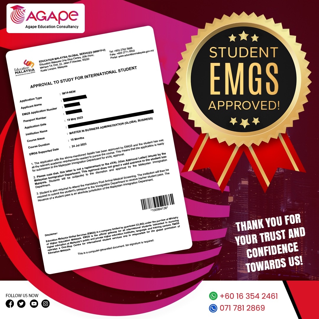 🎓🌟 Celebrating Success: EMGS Visa Approved! 🌟🎓 

👉Click the link below and register for our FREE consultation session: 
studywithagape.com/book-free-cons… 

#StudyInMalaysia #EducationOpportunities #StudyAbroad #MalaysiaEducation #StudyInAsia #GlobalEducation #InternationalStudents