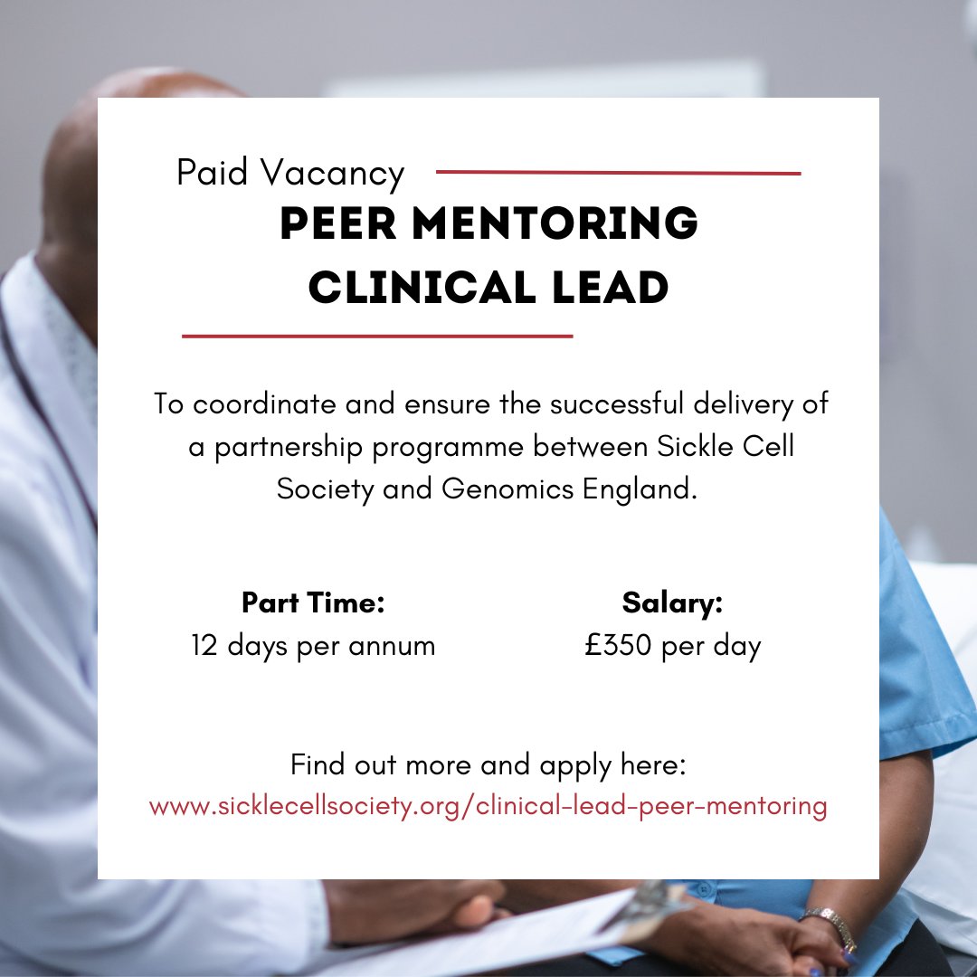 SickleCellUK's tweet photo. We are seeking a Clinical Lead to join the team and support us in delivering the #SickleCell Children and Young Person’s Peer Mentoring Programme.

For full details and to apply, visit: https://t.co/si56IUAqYK

Closing date: 9th August 2023 https://t.co/mIBuEQbjLV