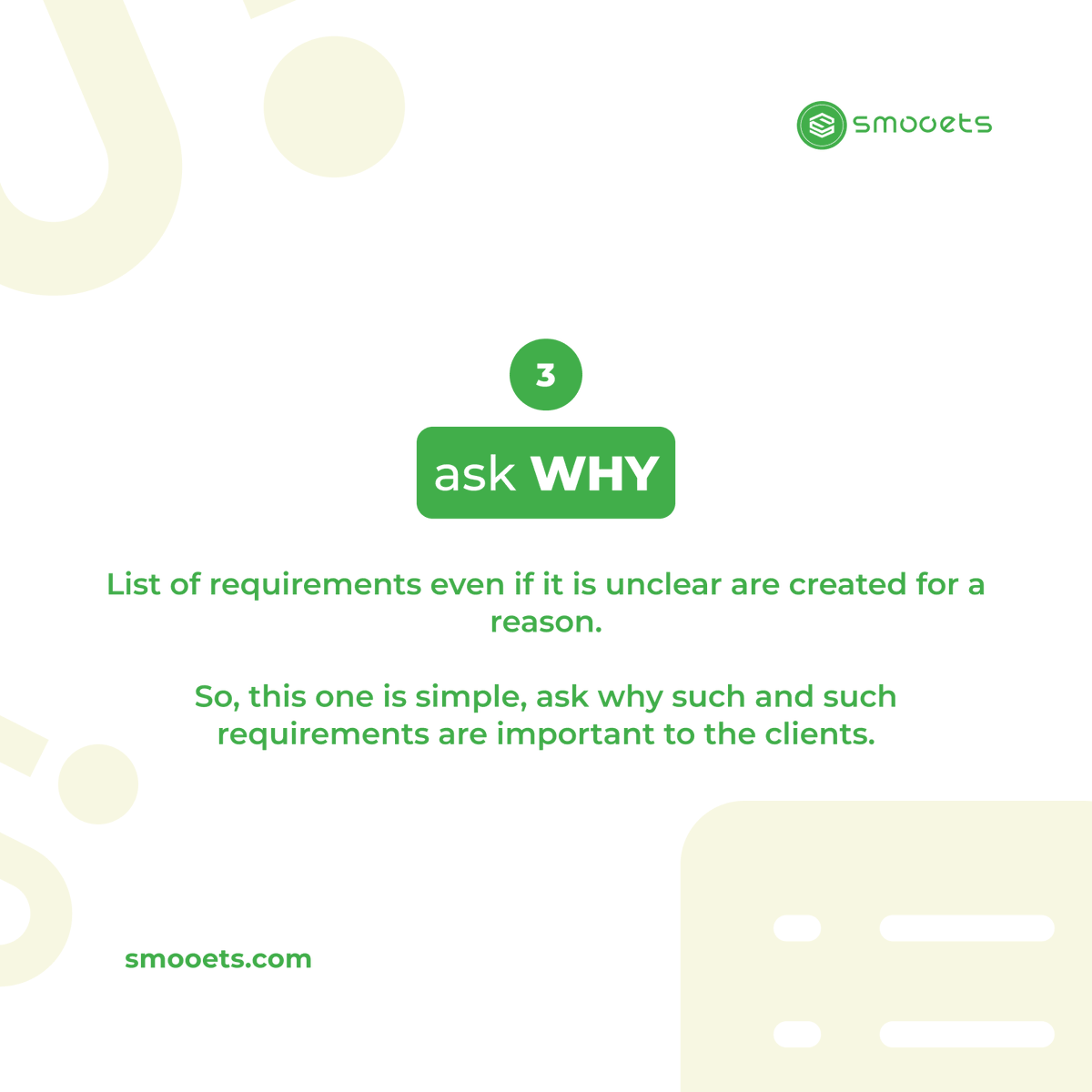 SMOOETS's tweet photo. Unclear project requirement is most likely the top reasons why so many software development projects failed…⁣
⁣
Well, here we have a few tips for you and also sometimes we apply on our project.⁣
⁣
---⁣
#smooets⁣
#outsourcing⁣
#projectmanagement⁣⁣
#softwareengineering https://t.co/stfOSV9PsA