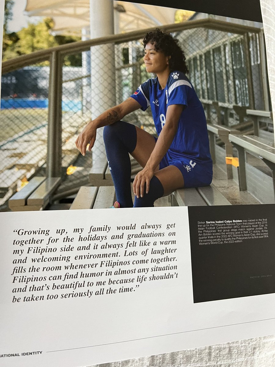 TheDeanQuinito's tweet photo. Page from 2023Philippines Yearbook featuring Sarina Bolden who scored winning goal for Filipinas over New Zealand in FIFA Women’s World Cup! Book’s on Filipino National Identity &amp; also features AaronBlack, MattWright, KaylaSanchez, AdaMilby, CaloyYulo, EJObiena &amp; JasmineAlkhaldi https://t.co/WnaMFqvJ38