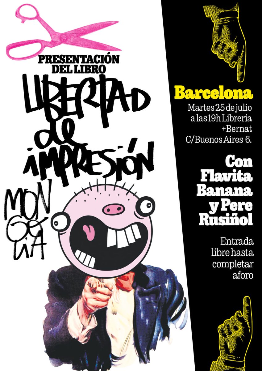 Hoy a las 19h en <a href="/libreriabernat/">Librería +Bernat</a> charlaré con <a href="/flavitabanana/">Flavita Banana</a> d la ola reaccionaria q pretende amordazar la libertad d expresión y el humor, también en <a href="/revistamongolia/">Revista Mongolia</a>. Entrada gratuita: ahí nos vemos!