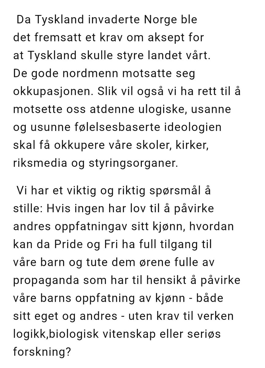 Tenk at noen kan ta Dagen seriøst...

Slik de gode nordmenn motsatte seg nazistene skal man kunne motsette seg trans... herregud