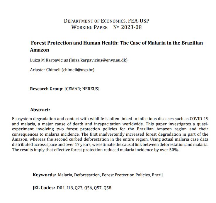 Luiza Karpavicius (@l_karpavicius) on Twitter photo Mine & <a href="/AriasterChimeli/">Ariaster Chimeli</a>'s paper is now available as a working paper (in <a href="/EconomiaUsp/">USP Economia</a> series). We started this project in 2017 (before Bachelors), so it is exciting to see what it turned into. Begin🧵: Forest Protection & Human Health- The Case of Malaria in the Brazilian Amazon Mine & <a href="/AriasterChimeli/">Ariaster Chimeli</a>'s paper is now available as a working paper (in <a href="/EconomiaUsp/">USP Economia</a> series). We started this project in 2017 (before Bachelors), so it is exciting to see what it turned into. Begin🧵: Forest Protection & Human Health- The Case of Malaria in the Brazilian Amazon