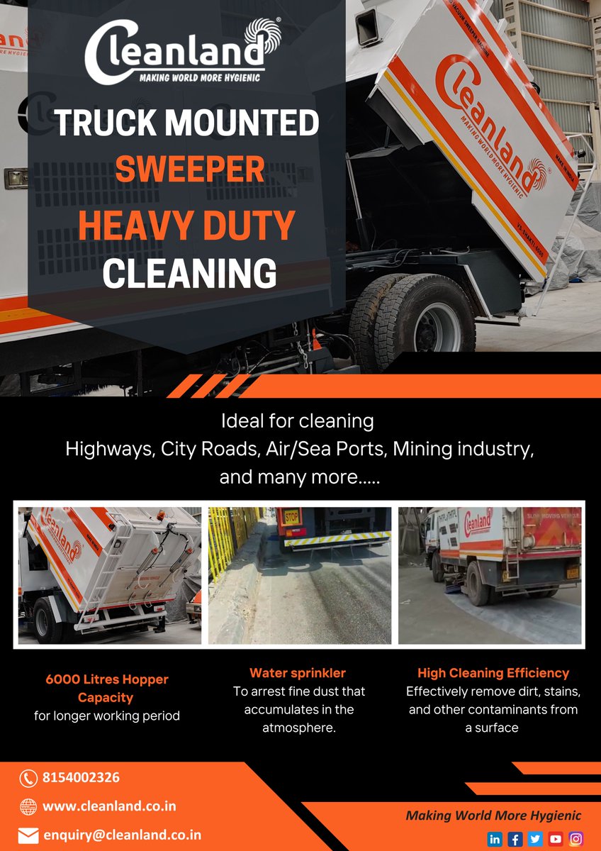 #Cleanland Truck mounted sweeper. 

#MakeInIndia #cementindustry #steelindustry #miningindustry #highways #cleaningservices #power #sweeping #trucks #sweepers #infrastructure #swachhbharat #qualityproduct #seaport #airports #suction #cleancities