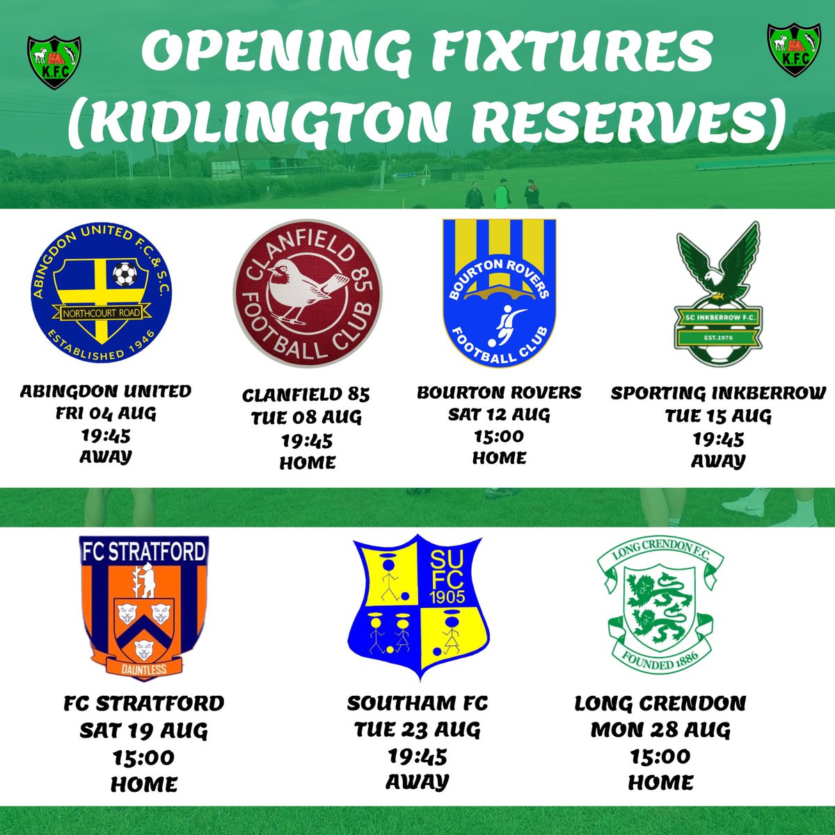 FCKidlington_'s tweet photo. Here we go! Your opening fixtures for Kidlington Reserves 👊

#COYG #KFC 💚 https://t.co/U03o3WXPQD