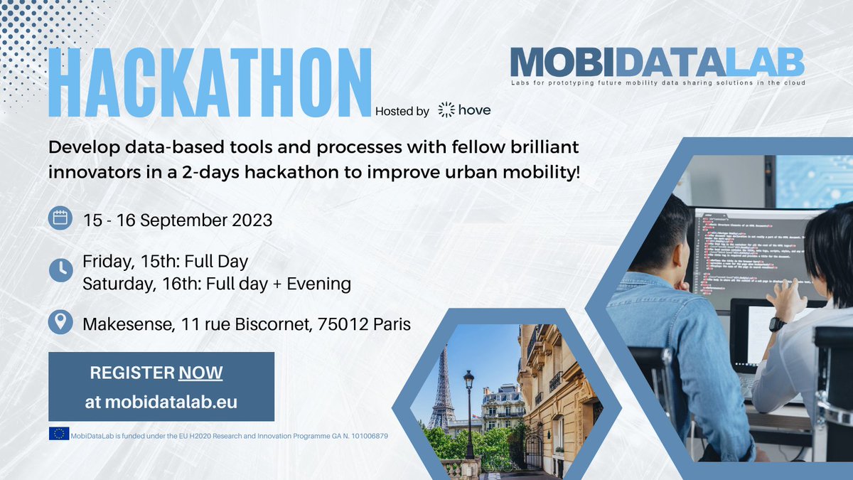 𝐎𝐧𝐞 𝐰𝐞𝐞𝐤 𝐥𝐞𝐟𝐭... ⌛
REGISTER for the MobiDataLab Hackathon ➡ lnkd.in/eTFgqvBc

@hove <a href="/akkodis_global/">Akkodis</a> <a href="/F6S_Gov/">F6S Innovation</a> <a href="/POLISnetwork/">POLIS</a> <a href="/AethonGr/">AETHON Engineering</a> <a href="/Agence_IT_Gouv/">Agence de l'Innovation pour les Transports</a> @ecoloParis <a href="/IdFEurope/">Ile-de-France Europe</a>