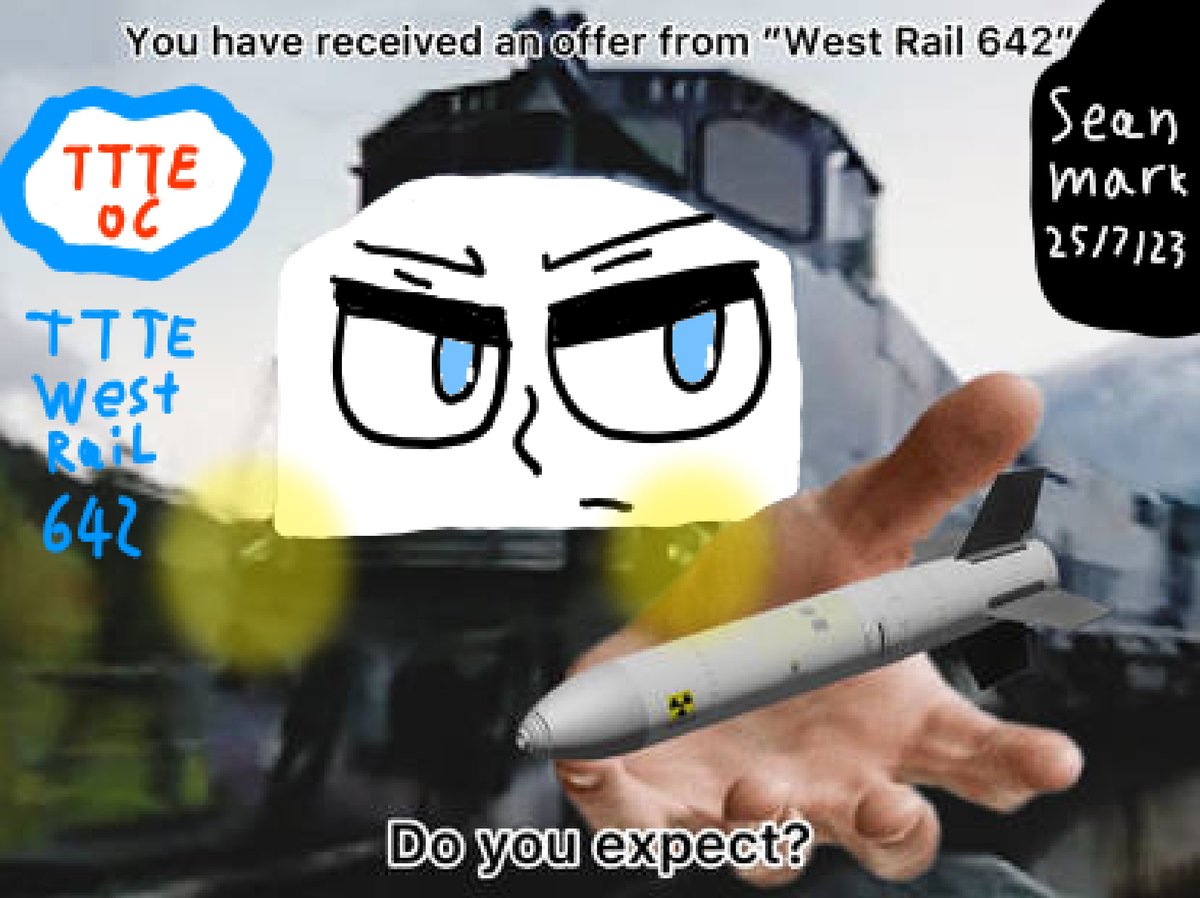 sean33119024's tweet photo. West Rail 642 he holding the Atomic Bomb for EXPLODE over the world!!! id he's has no Air-breaks
#Railfan #TTTE #fanart #atomictrain #WESTRAIL642 #OC https://t.co/5WLNJBNlVt